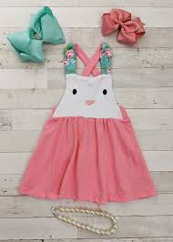 Bunny Face And Ears Coral Overall Dress With Criss Cross Back This Cute Bunny Face Dress Is Perfect For In 2020 Easter Outfit Little Girl Dresses Girls Easter Dresses