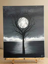 Black And White Canvas Painting Painting By J Baldwin Unity Acrylic Black And White Tree Surreal Moon Painting 16x20 Wrapped Canv Black Canvas Paintings Canvas Painting Easy Canvas Painting