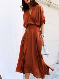Popyark V Neck Midi Dress Swing Daytime Dress Half Sleeve Casual Solid Dress Popyark With Images Solid Dress Casual Buy Midi Dress