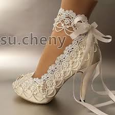 Su Cheny 3 4 Heel White Ivory Satin Lace Ribbon Peep Toe Wedding Bridal Shoes Wedding Shoes Lace Wedding Shoes Bride White Wedding Shoes