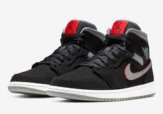 Nike Air Jordan 1 Mid Black Particle Grey White The Air Jordan 1 Mid The Air Jordan 1 Mid Returns In A Classy Black Red And Grey Air Jordans Mens Nike Air Nike Men