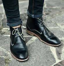Say What Shiny Black Chukka White Stitch Cuffed Dark Blue Jeans Chukka Boots Men Best Shoes For Men Chukka Boots