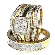 Trio Wedding Rings Set Bridal Set 3 Piece And Mens Wide Wedding Band 0 78ct W 10k Yellow Gol Wedding Ring Trio Sets Wide Band Wedding Ring Wedding Ring For Her