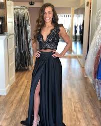 Two Piece Black Long Party Dress In 2020 Black Prom Dresses Top Prom Dresses Party Dress Long