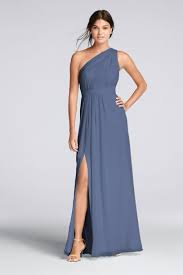 David S Bridal One Shoulder Crinkle Chiffon Dress Steel Blue Davids Bridal Bridesmaid Dresses Chiffon Dress Long One Shoulder Bridesmaid Dresses