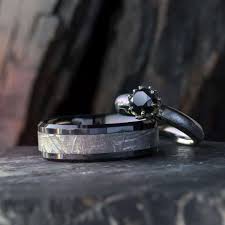 Matching Black Wedding Ring Set With Lotus Prong Engagement Etsy In 2020 Meteorite Wedding Rings Lotus Engagement Ring Black Wedding Rings