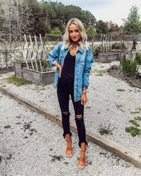 Black Pants And Blue Denim Jacket Denim Jacket Over Black Top And Trendy Distressed Denim Jeans Fashion Popular Outfits Clothes