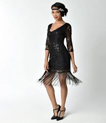 Unique Vintage Black Beaded Sequin Margaux Sleeved Fringe Cocktail Dress Fringe Flapper Dress 20s Dresses Unique Dresses
