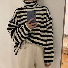 Black And White Striped Turtleneck Sweater Retro Black And White Striped Turtleneck Sweater In 2020 Striped Turtleneck Striped Sweater Outfit Striped Top Outfit