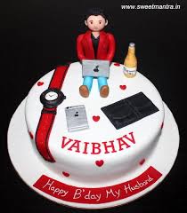 Personalized Birthday Cakes For Men With Name Gadgets Techie Theme Customized Designer Cake With Guy Figurine Sitting And Chilling With Macbook Cake For Husband Birthday Cake For Husband New Birthday Cake
