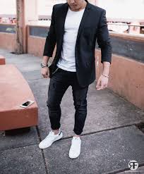 Black And White Outfit For Men Formal Men S Outfit Idea Black Blazer Distressed Jeans And White Sneaker Royal Fashionist Blazer Outfits Men Suits And Sneakers Mens Outfits