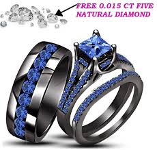 Matching Black And Blue Wedding Rings Blue Sapphire Trio Wedding Ring His Hers Band Set For Matching 14k Black Gold Fn Sapphire Engagement Ring Blue Wedding Ring Trio Sets Black Gold Wedding