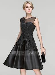 Us 164 00 A Line Princess Scoop Neck Knee Length Satin Cocktail Dress With Beading Sequins Jj S House Satin Cocktail Dress Sequin Cocktail Dress Knee Length Cocktail Dress