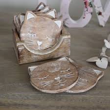 Set Of 6 Carved Wooden Cat Coasters In Wooden Stand Cat Coasters Wooden Cat Cat Decor