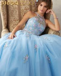 Bahama Blue Floral Quinceanera Dress Halter Neck No Ruffles Available At Moda Quinceanera Dresses Blue Mori Lee Quinceanera Dresses Dresses Quinceanera Blue