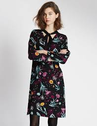 New M S Per Una Black Multi Floral Tie Neck Shift Dress Sz Uk 10 Shift Dress Casual Dresses Pretty Dresses