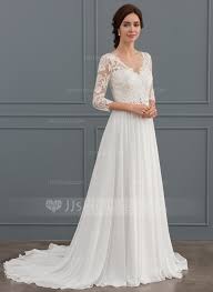 Us 181 00 A Line Princess V Neck Sweep Train Chiffon Lace Wedding Dress With Beading Sequins Jj S House Wedding Dress Sleeves Wedding Dress Long Sleeve Wedding Dress Chiffon