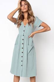 Light Blue V Neck Short Sleeve Button Pocket Casual Midi Dress With Images Midi Dress Casual V Neck Midi Dress Simple Dresses