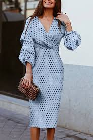 Light Blue Polka Dot V Neck Puff Sleeve Casual Bodycon Dress Bodycon Dress Casual Fashion Midi Dress Chic