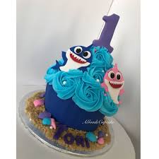 Baby Shark Cupcake Cake 1st Birthday Baby Shark Cake Big Cupcake Big Cupcake Shark Birthday Cakes Shark Theme Birthday