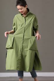 Big Pocket Green Casual Loose Long Cotton Shirt Dresses Women Tops C2079 Model Pakaian Kasual Gaya Model Pakaian