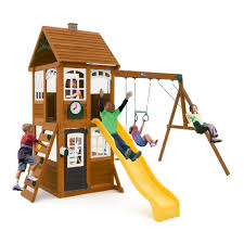 Kidkraft Mckinley Wooden Swing Set F24950 The Home Depot Wooden Playset Wooden Swing Set Playset Outdoor