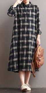 Linen Plaid Casual Loose Shirt Dress Winter Long Shirt For Women Q7811 Pakaian Wanita Model Pakaian Model Pakaian Hijab