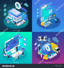 E Commerce Mobile Online Shopping From Home Worldwide Safe Payments 4 Glow Isometric Icons Concept Vector Illustrati Isometric Online Mobile Shopping Ecommerce
