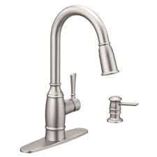 Moen Noell 1 Handle Pull Down Sprayer Kitchen Faucet With Reflex Soap Dispenser And Power Clean In Spot Resist Stainless 87791srs The Home Depot Kitchen Faucet High Arc Kitchen Faucet Faucet