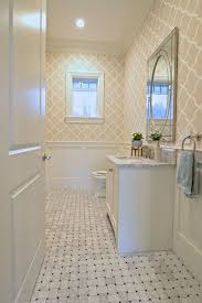 Guest Bathroom Marble Basket Weave Tile Floor Millwork Molding Wallpaper Beige Gray Neutrals Basketweave Tile Bathroom Tile Bathroom Basket Weave Tile