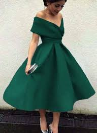 Dark Green Off Shoulder Tea Length Party Dress Satin Wedding Party Dresses Green Formal Dresses Green Formal Dresses Tea Length Prom Dress Tea Length Homecoming Dresses