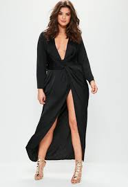 Plus Size Black Satin Thigh Split Wrap Maxi Dress Missguided Maxi Wrap Dress Plus Dresses Plus Size Fashion