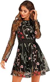 Milumia Women S Floral Embroidery Mesh Sheer Round Neck Tunic Party Dress At Amazon Wo In 2020 Long Sleeve Dress Online Long Sleeve Mesh Dress Long Sleeve Floral Dress
