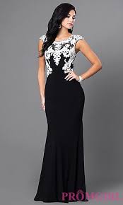 Black Floor Length Dress With White Lace Accents At Promgirl Com Black And White Prom Dresses Dinner Gowns Formal Dresses Prom