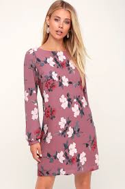 Rosalinda Mauve Floral Print Long Sleeve Shift Dress Long Sleeve Shift Dress Long Sleeve Print Dress Long Sleeve Floral Print Dress