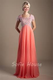 Modest Empire Waist Sleeve Long Coral Chiffon Beaded Rhinestone Prom Dress Prom Dresses Modest Prom Dresses Modest Formal Dresses