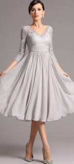 Long Lace Sleeves Plunging Neck Grey Tea Length Dress 26160108 Cocktail Dresses With Sleeves Gray Cocktail Dress Tea Length Dresses