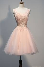 Ball V Neck Short Blush Pink Tulle Applique Beaded Prom Dress Pink Prom Dresses Short Prom Dresses For Teens Pink Prom Dresses