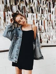 Oversized Denim Jacket Over Cute Little Black Dress Fashion Simple Outfits Minimal Outfit