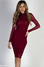 Long Sleeve Bodycon Burgundy Mesh See Through Midi Dress Burgundy Dress Outfit Burgundy Bodycon Dress Long Sleeve Mesh Dress