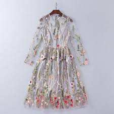 Casual Summer Dresses Women 2017 Floral Embroidery See Through Grey Mesh Dress Women Outfits Long Sleeve Embroidery Fashion Embroidery Dress Embroidered Dress