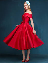 Fashion Off The Shoulder Bow A Line Satin Red Tea Length Cocktail Prom Party Dress Lace Up Back Robe De Vintage Satin Dress Prom Party Dresses Vintage Dresses