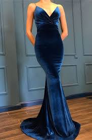 Velvet Mermaid Dresses V Neck Empire Waist Blue Evening Gowns Velvet Prom Dress Military Ball Dresses