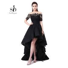 Sodigne High Low Prom Dresses Free Shipping Off The Shoulder Graduation Gown Lace Short Front Long Back Black Lace Wedding Dress High Low Prom Dresses Dresses