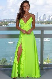 Neon Lime Maxi Dress With Ruffle Detail In 2020 Neon Dresses Neon Maxi Dress Maxi Dress