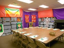 Purple And Red Plastic Tablecloths Were Hung From The Ceiling Using Hanglers Bought From Amazon These Are Incredible Youth Room Teacher Essential Table Cloth