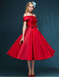 Fashion Off The Shoulder Bow A Line Satin Red Tea Length Cocktail Prom Party Dress Lace Up Back Robe De Co Prom Party Dresses Cheap Cocktail Dresses Lace Dress