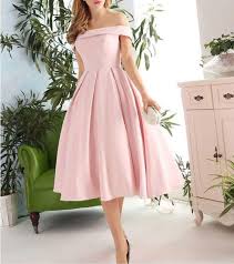 Pink Off Shoulder Tea Length Vintage Formal Dress Short Prom Dress Short Evening Dress Simple Pink Formal Dresses Pink Formal Dresses Vintage Pink Dress Pink Evening Gowns