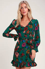 Petal Down Dark Green Floral Print Long Sleeve Dress Long Sleeve Floral Print Dress Long Sleeve Print Dress Party Dress Long Sleeve