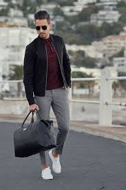 Mens Style Menswear Mens Fashion Street Style Casual Black Bomber Jacket Grey Pants White Sneakers Jackets Men Fashion Mens Outfits Mens Pants Fashion